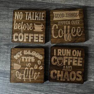 💬 Funny Coffee Coasters – Handmade Wood Set of 4